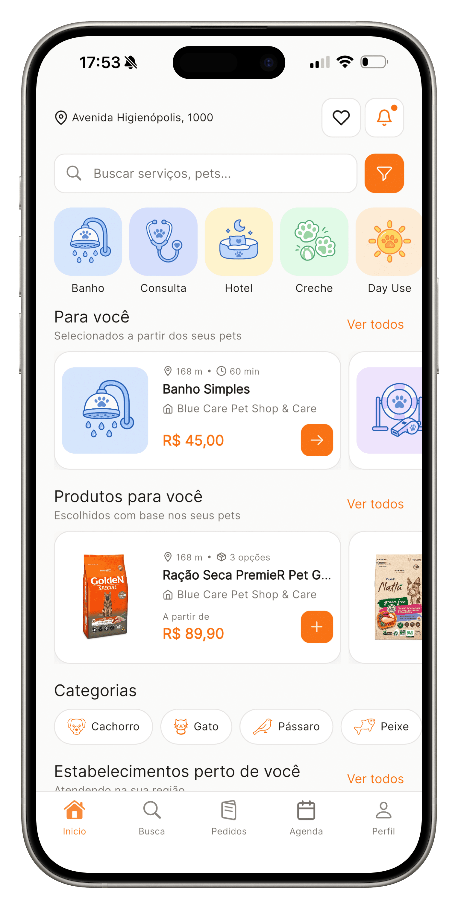 Tela inicial do app do tutor no Patas Pet