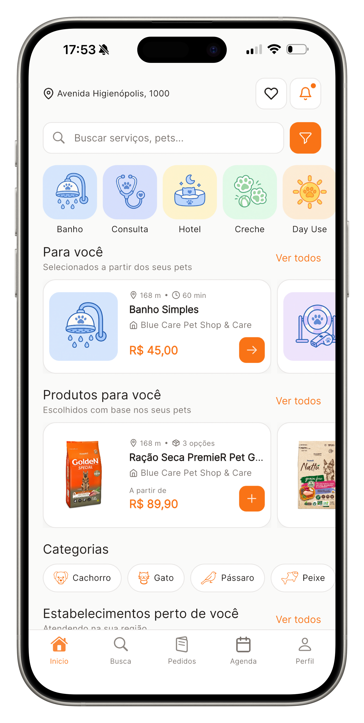 Tela inicial do app do tutor no Patas Pet