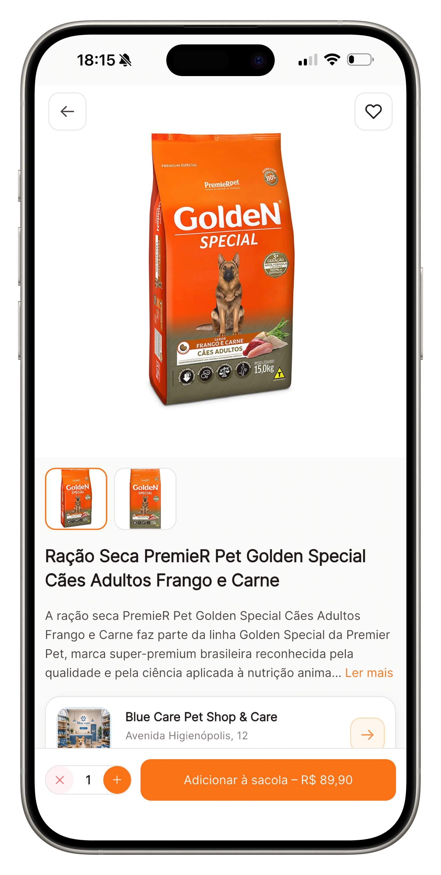 Tela do app com produto, preço e detalhes para compra