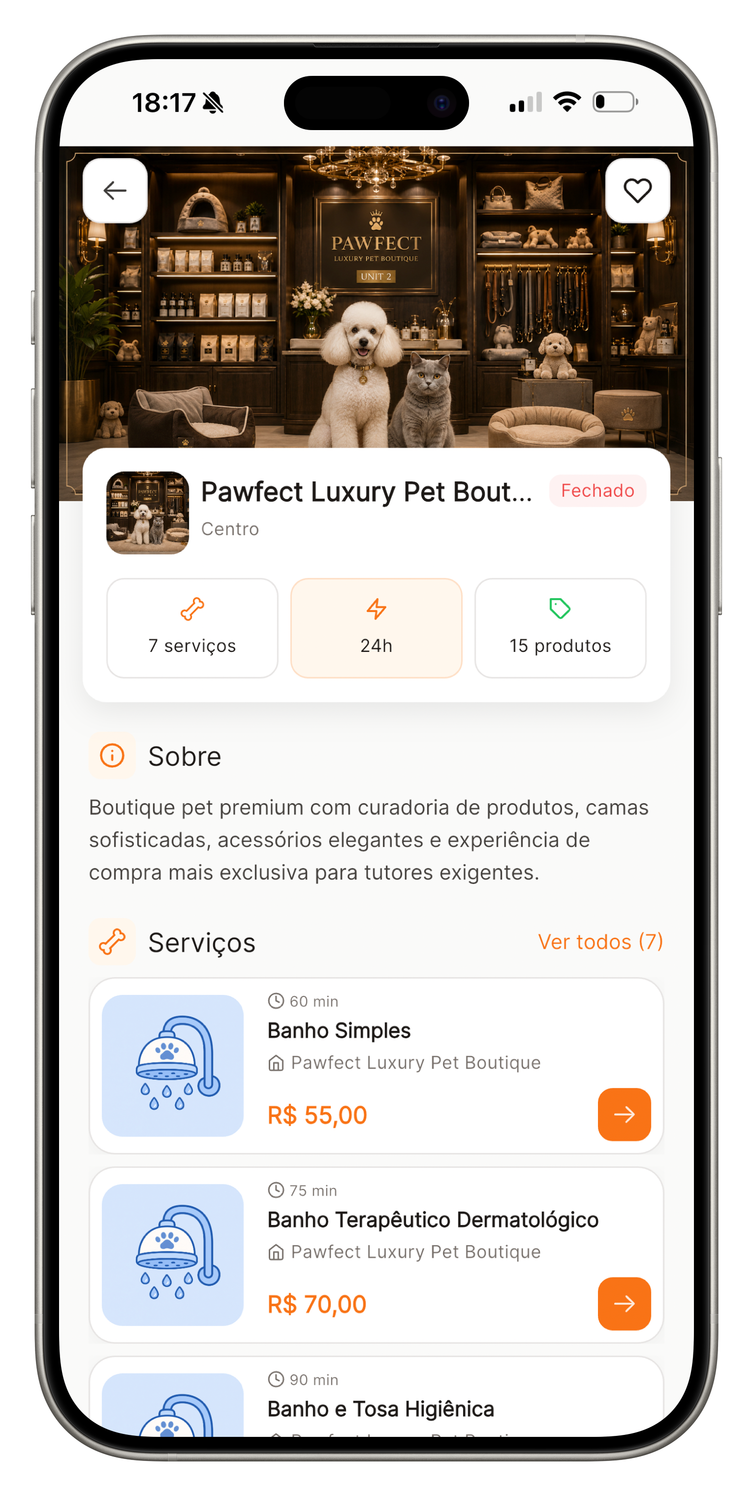 Página pública da unidade no app do tutor